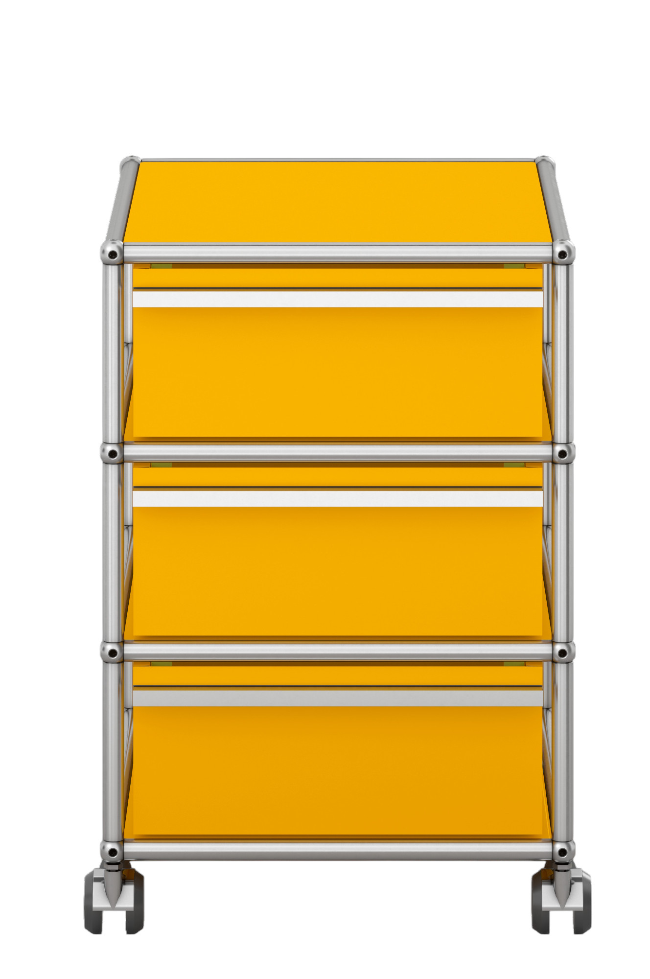 USM Haller Rollcontainer in Goldgelb mit drei Schubladen und verchromtem Gestell auf Rollen.