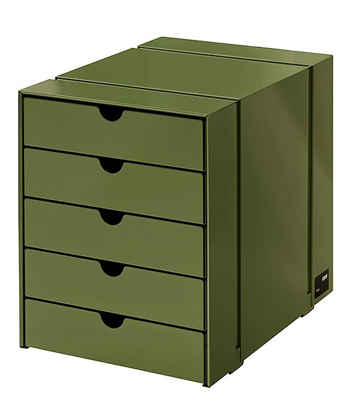 USM Haller Inos Kastenset in Olivgrün mit fünf geschlossenen Schalen für das Home Office.