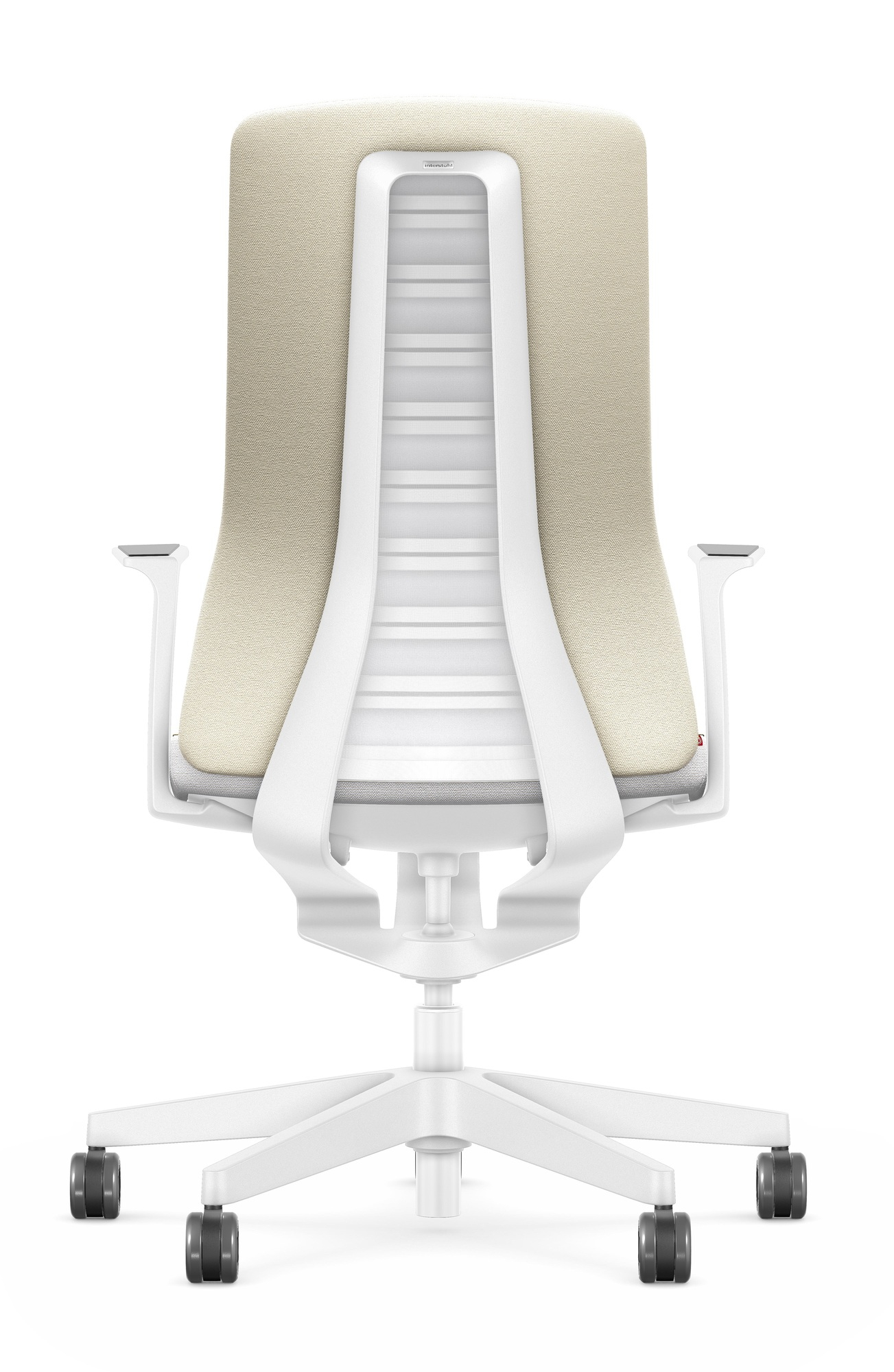 Rückansicht des Interstuhl Bürodrehstuhls Pure Edition Interior in Beige mit weißem Gestell und Rollen.