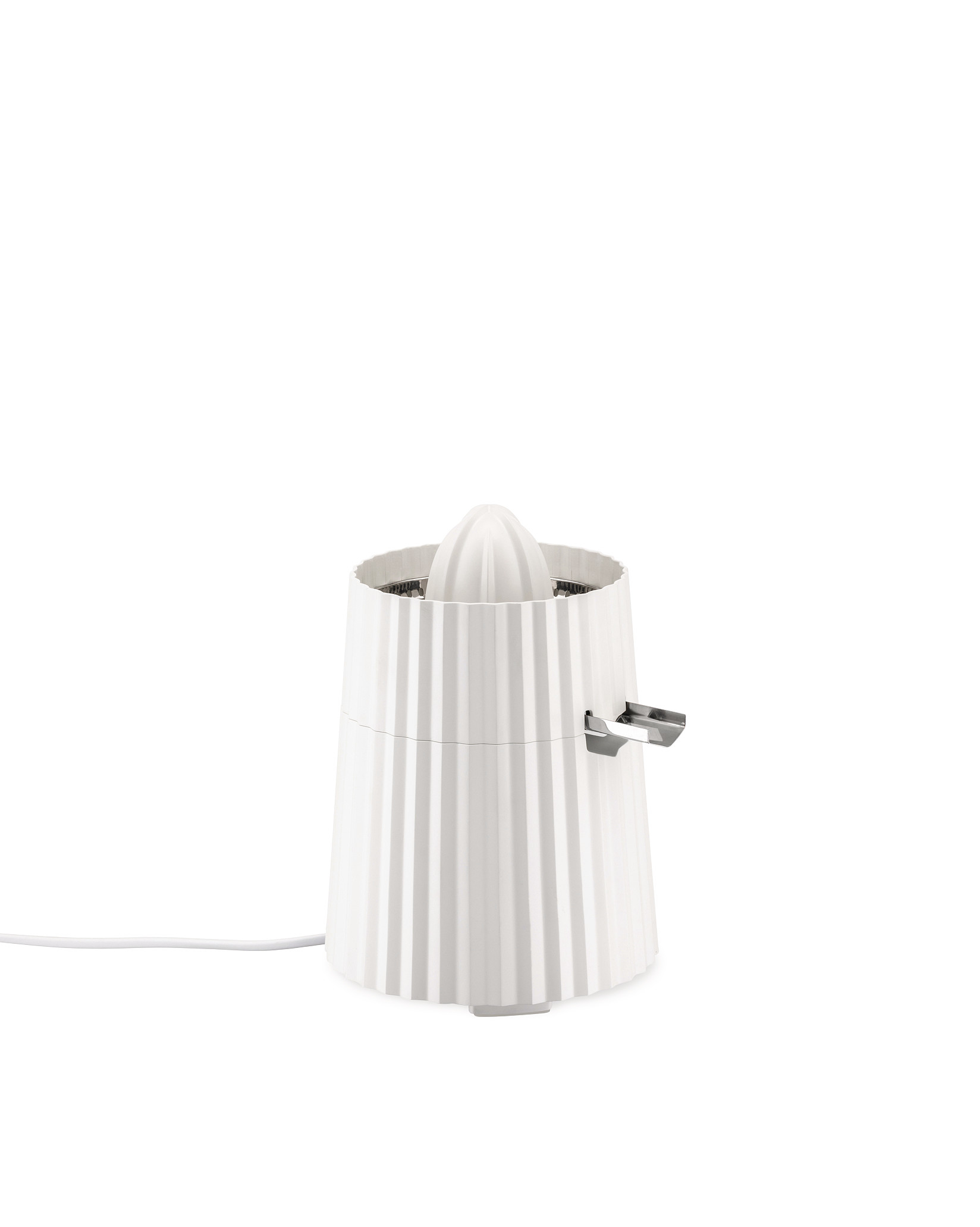 Weiße Alessi MDL07 W Plissé elektrische Zitronenpresse für frischen Saft, Küchengerät im Detail.