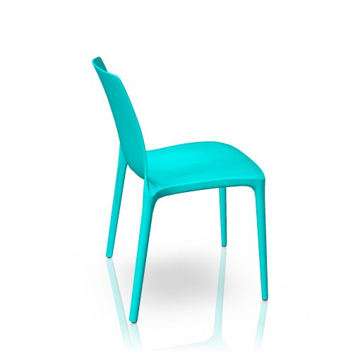 Türkisblauer Kunststoffstuhl "twin" von Brunner, Seitenansicht. Moderner Designstuhl für Innen- und Außenbereich.
