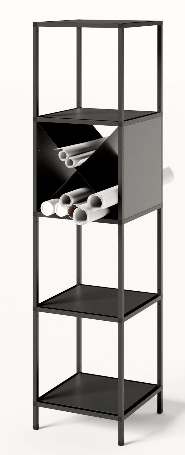 Schwarzes P4 Regal mit drei Fächern, davon eines mit Papierrollen, für Büro und Arbeitszimmer.