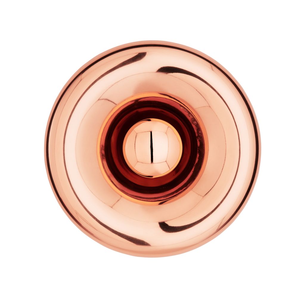 Nahaufnahme der runden Tom Dixon Void Surface LED-Wandleuchte aus glänzendem Kupfer.