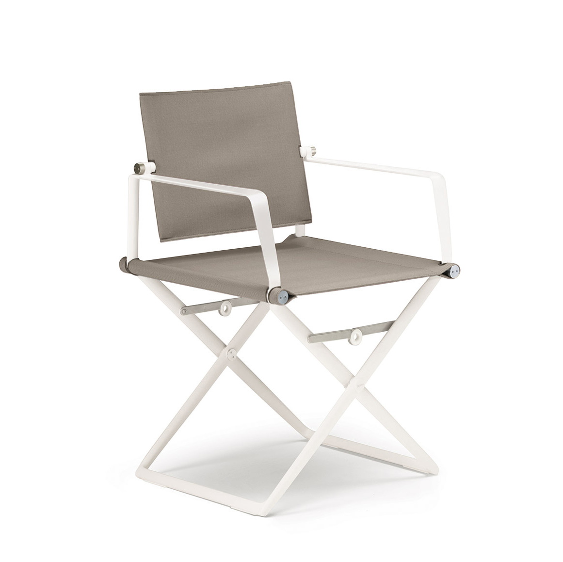 SeaX Armchair von Dedon: Moderner Armlehnstuhl mit weißem Gestell und grauem Stoffbezug.