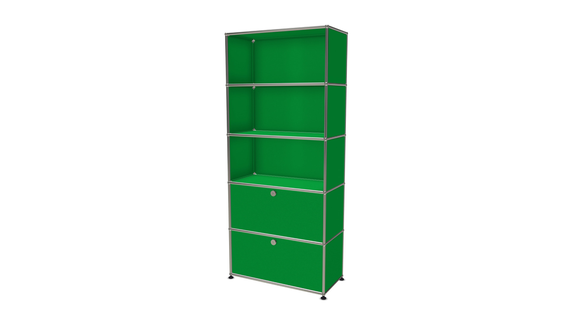 USM Haller Regal in Grün mit zwei Klappen, modulare Aufbewahrung und zeitloses Design.