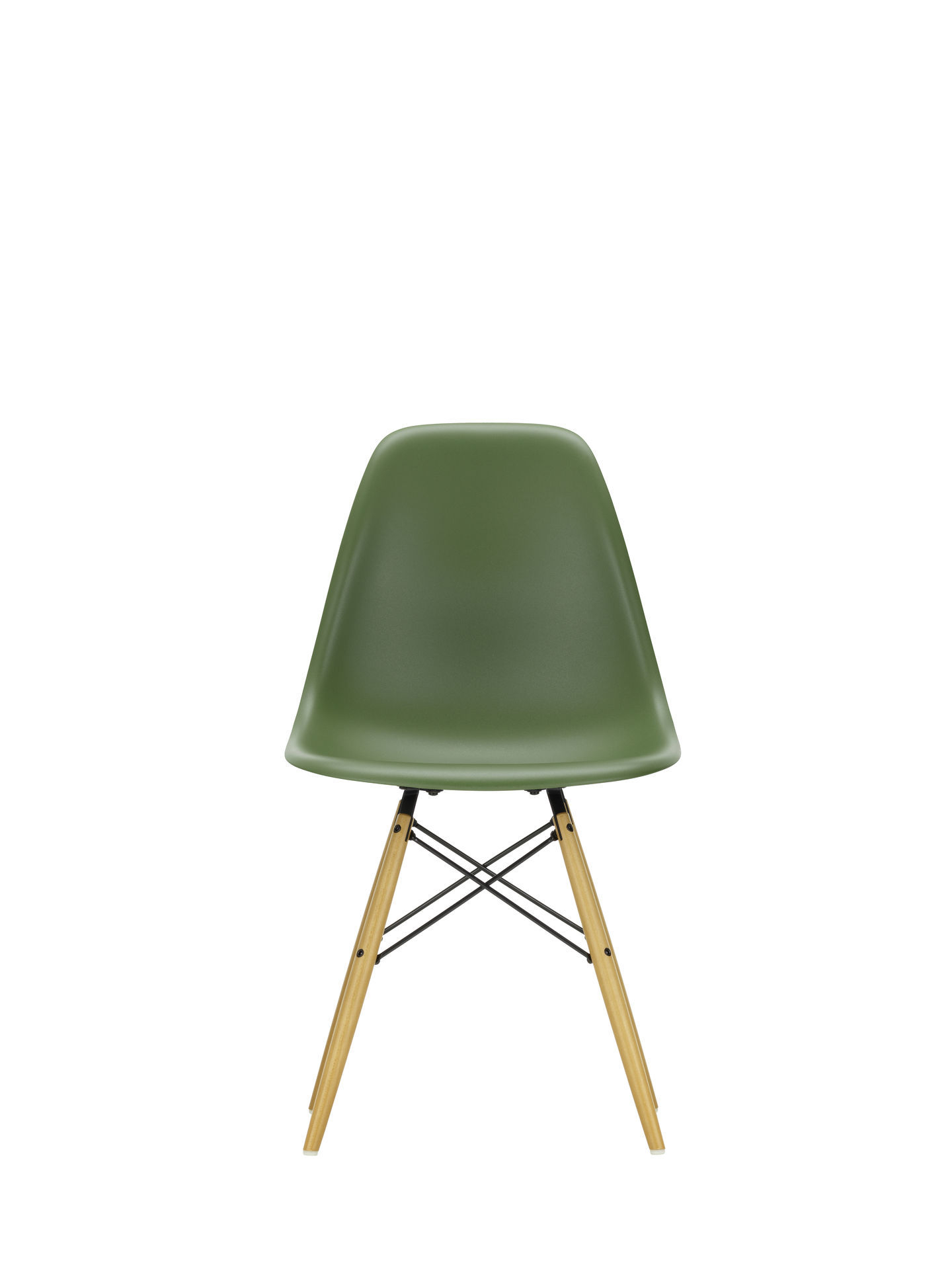 Eames Plastic Side Chair in Senfgrün mit Ahorn-Gestell von Vitra, Ansicht von vorn.