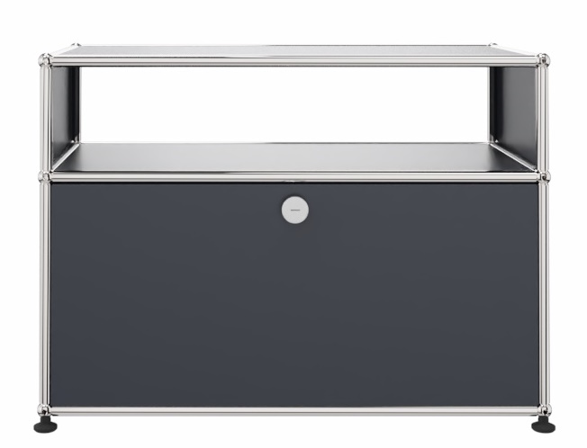 USM Haller Möbel: Anthrazitgraues Beistellmöbel mit Schublade und offenem Fach, modernes Design für Wohnzimmer und Büro.