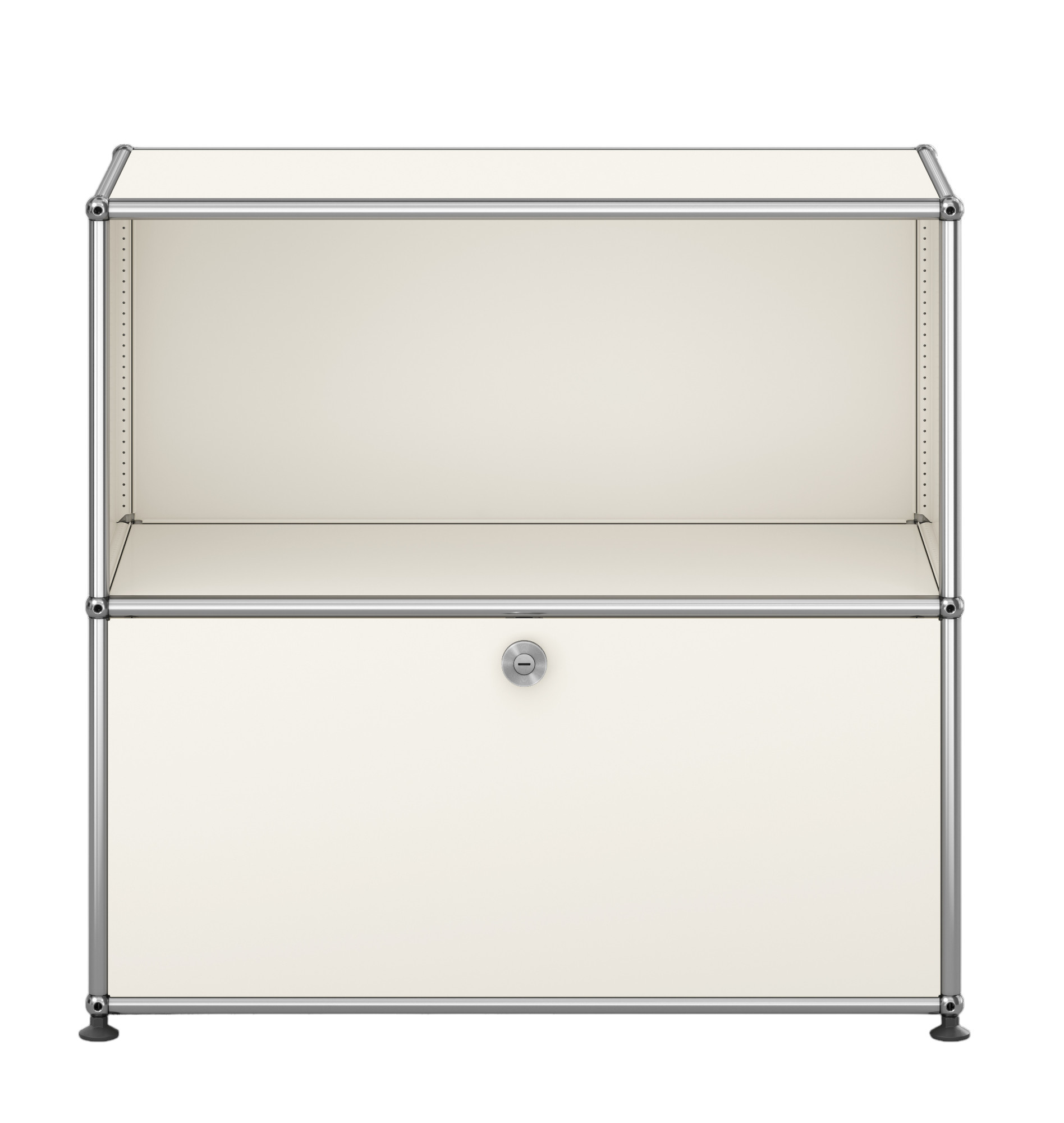 USM Haller Sideboard in Reinweiß mit einer Klappe unten und einem offenen Fach oben.