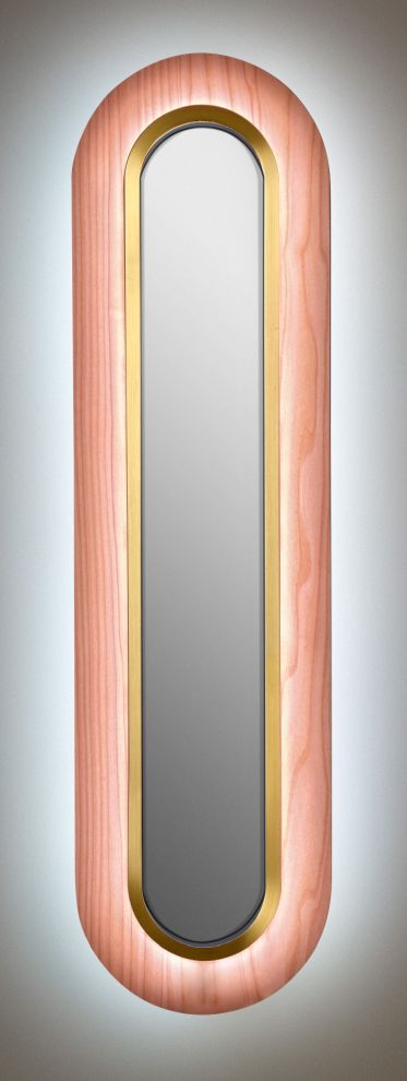 Lens LED Wandleuchte von LZF Lamps: Oval, hellrosa Holz mit goldenem Metallring.