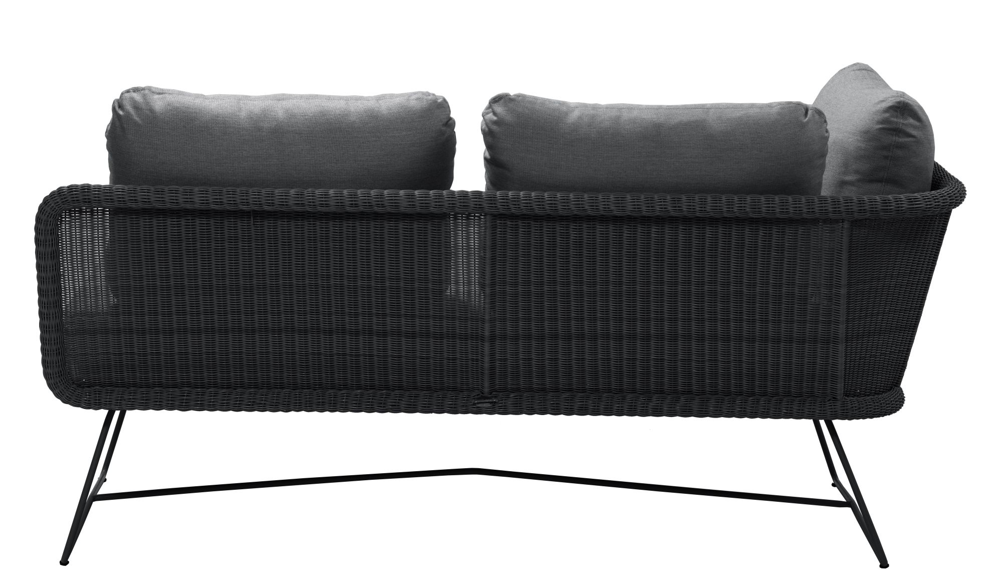 Horizon Outdoor Sofa, 2-Sitzer Modulsofa mit schwarzem Cane-Line Gestell und grauen Kissen.