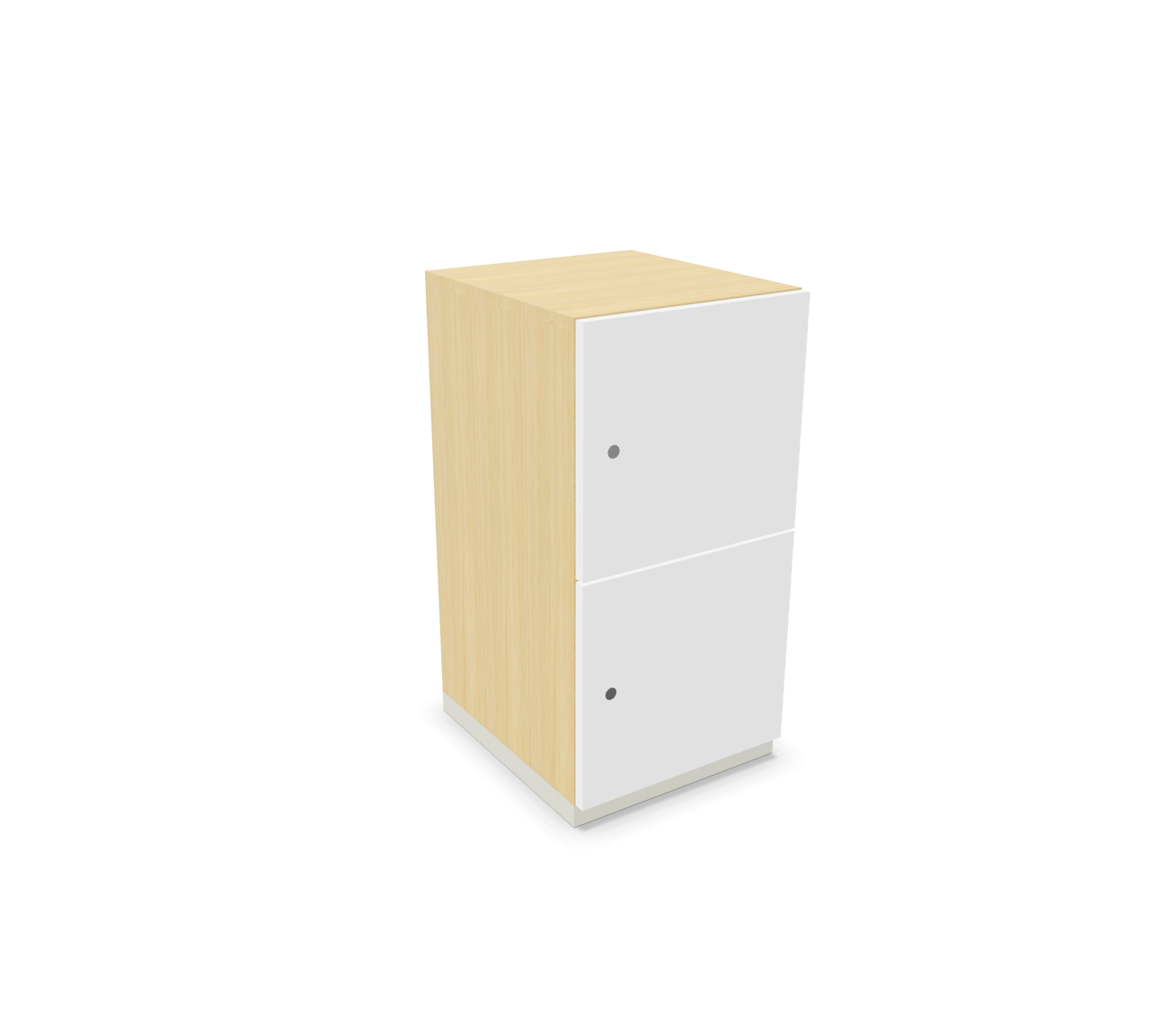 Steelcase Share It Schließfachschrank mit zwei weißen Türen und Holzoptik Korpus. Büro Schließfächer.