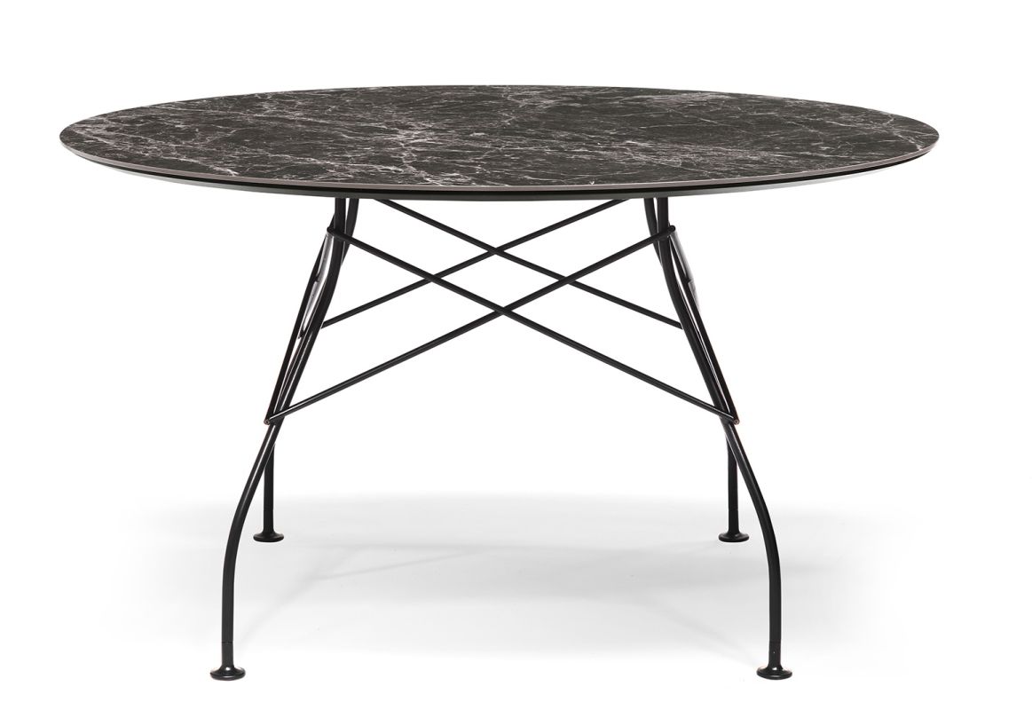 Glossy Tisch marmoriertes Steinzeug Brown Emperador rund Kartell