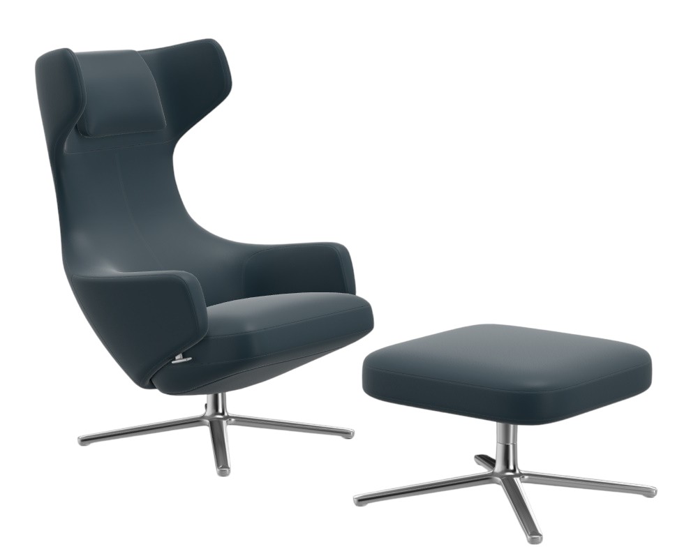 Grand Repos Sessel + Ottoman NIEDRIG / LEDER PREMIUM MIT KONTRASTNAHT RAUCHBLAU Vitra EINZELSTÜCK