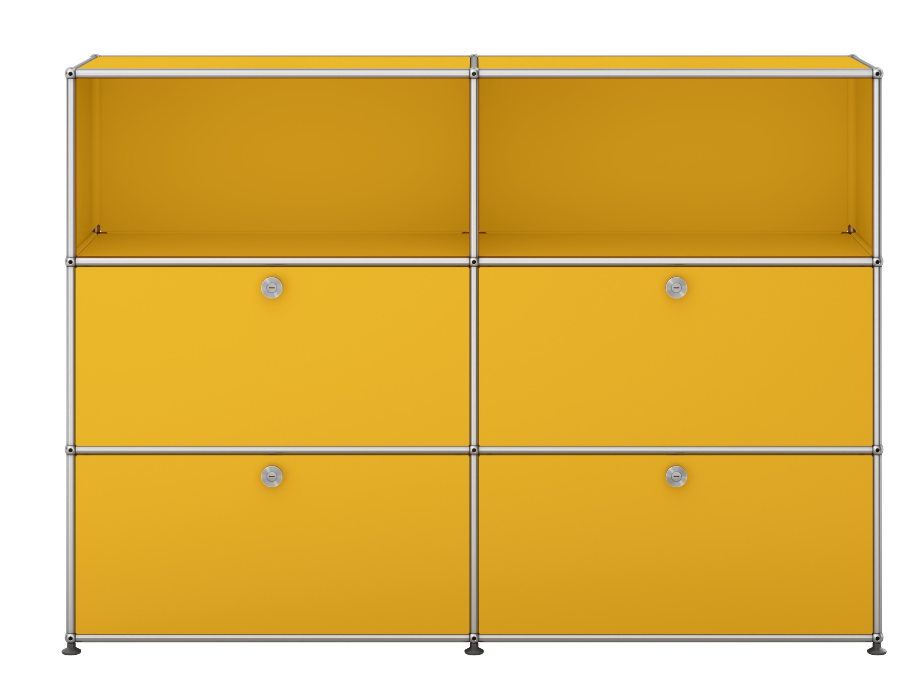 USM Haller Sideboard in Goldgelb mit vier Klappen, modulare Aufbewahrung und modernem Design.
