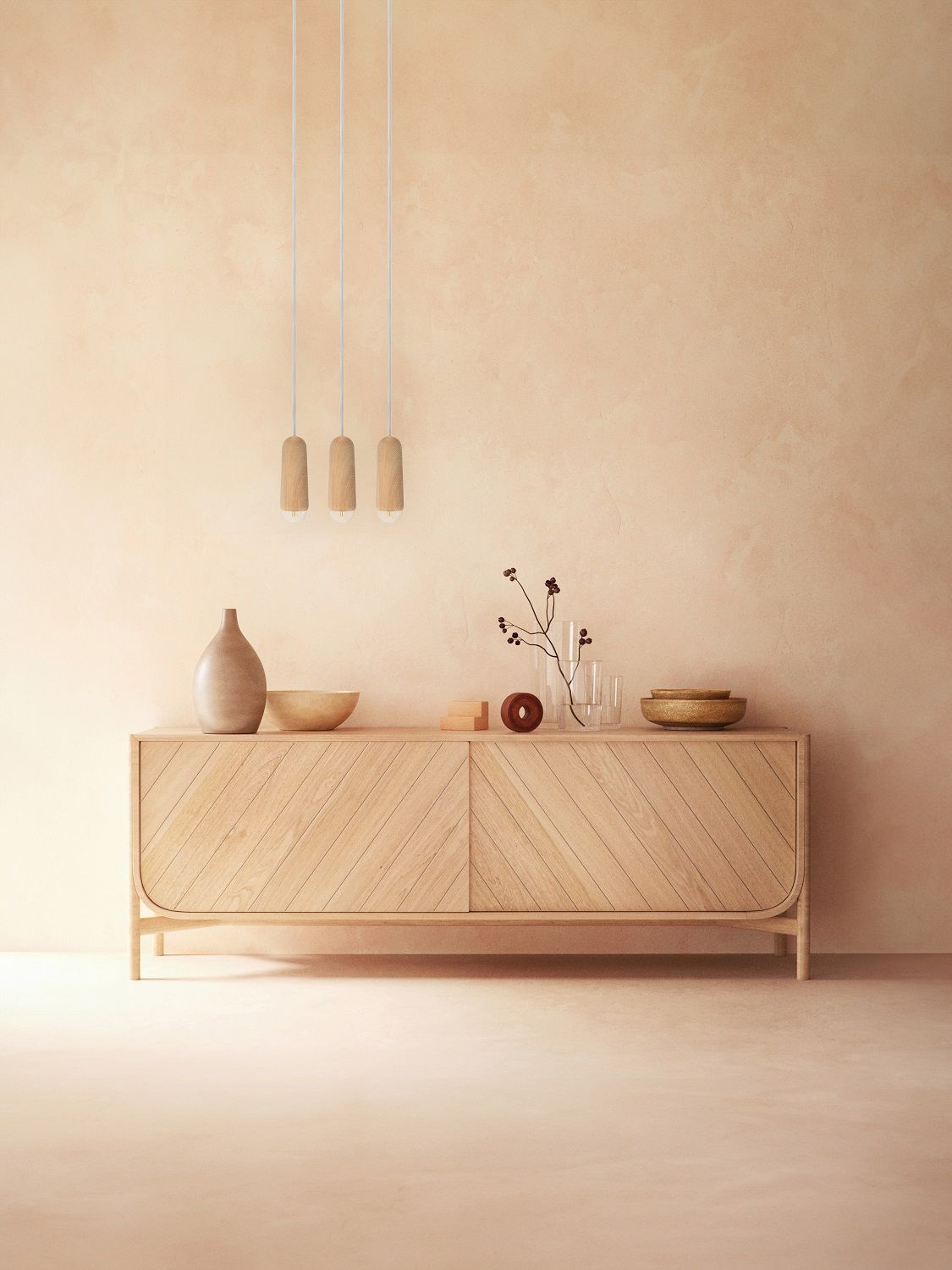 Luce Hängeleuchte über Sideboard im minimalistischen Wohnzimmer, moderne Pendelleuchte aus Holz für stilvolle Beleuchtung.