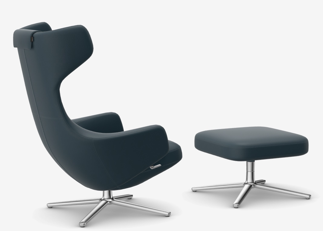 Grand Repos Sessel + Ottoman NIEDRIG / LEDER PREMIUM MIT KONTRASTNAHT RAUCHBLAU Vitra EINZELSTÜCK