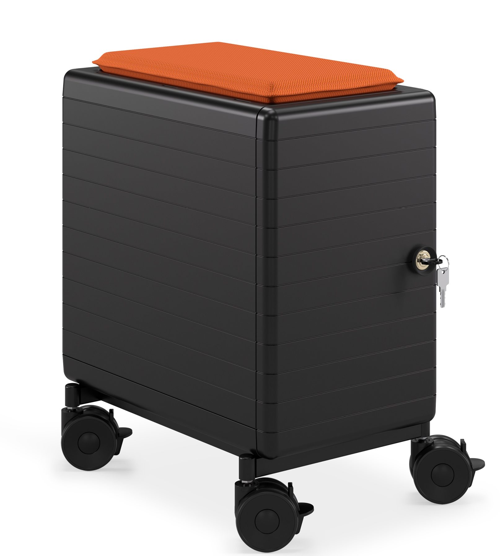 Schwarzer Personalbox Rollcontainer von König und Neurath mit orangefarbenem Sitzkissen und Schlüssel.