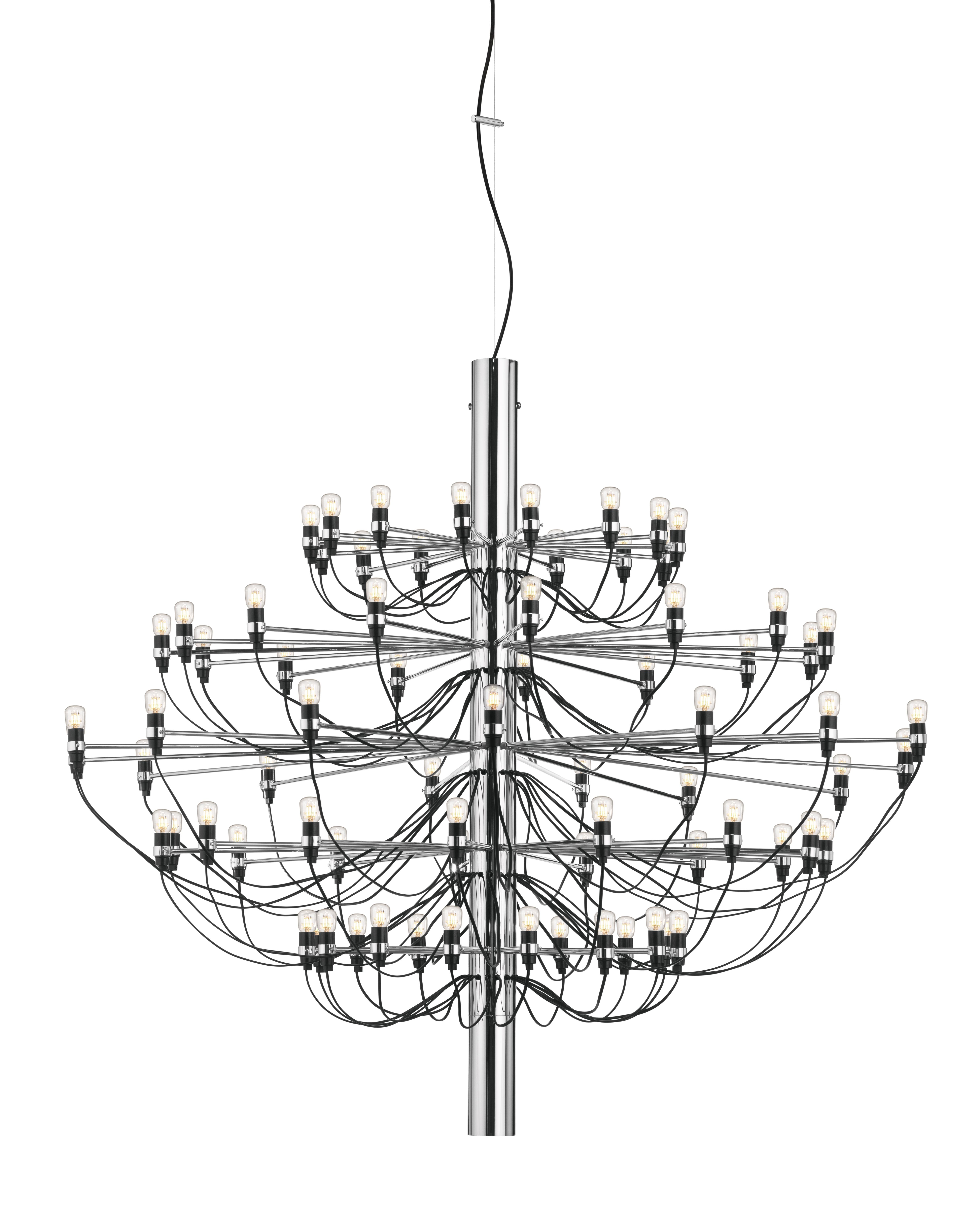 Flos 2097 Kronleuchter in Chrom mit klaren Glühbirnen, modernes Design für stilvolle Beleuchtung.