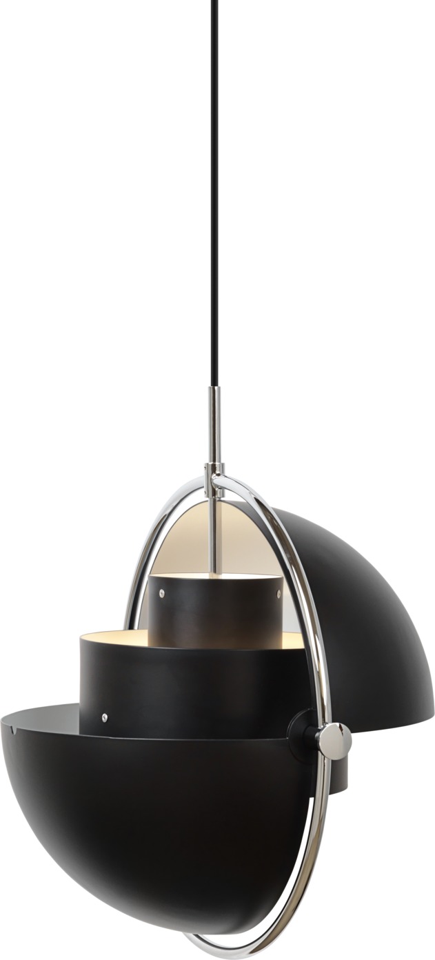 Gubi Multi-Lite Pendelleuchte in Schwarz und Chrom, moderne Hängelampe für stilvolle Innenräume.