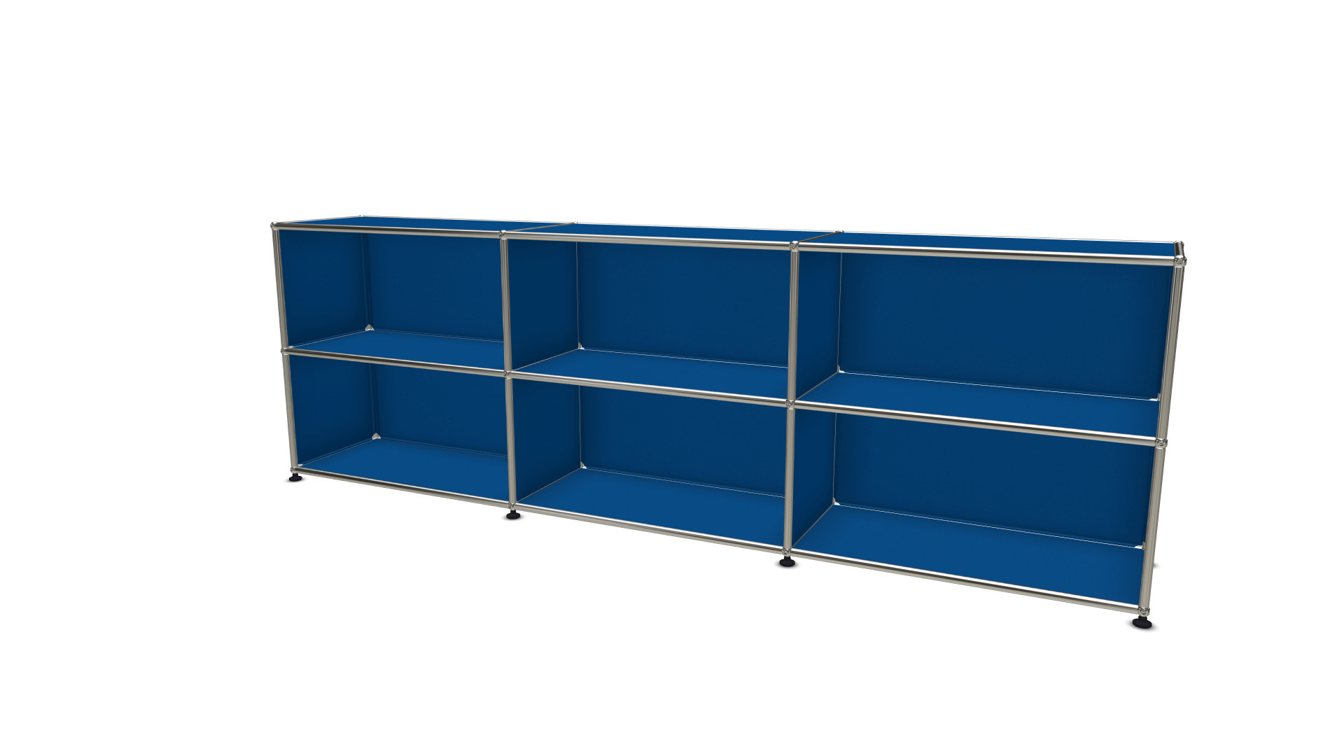 USM Haller Sideboard in Enzianblau mit sechs offenen Fächern, modernes modulares Regalsystem für Wohnzimmer und Büro.