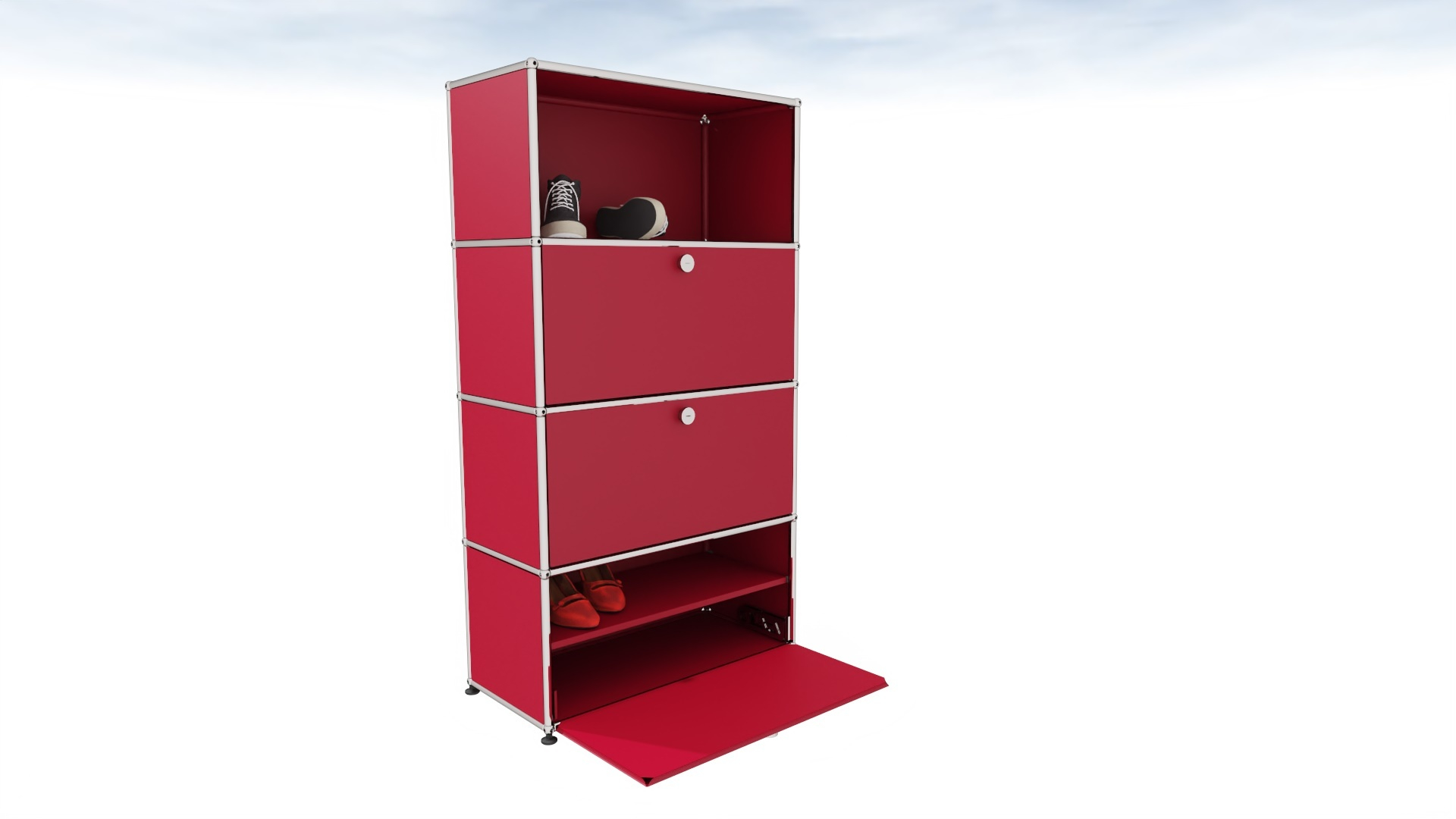 USM Haller Schuhschrank in Rubinrot mit Klappe und Schuhen, modernes Design für stilvolle Schuhaufbewahrung.