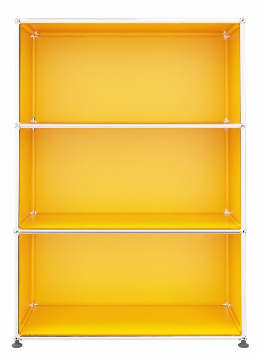 Gelbes USM Haller Regal mit drei offenen Fächern und verchromtem Stahlrohrgestell für Wohnzimmer oder Büro.
