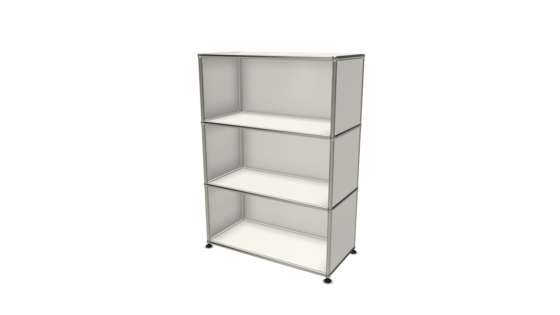 Weißes USM Haller Highboard mit drei offenen Fächern für stilvolle Büro- und Wohnraumgestaltung.