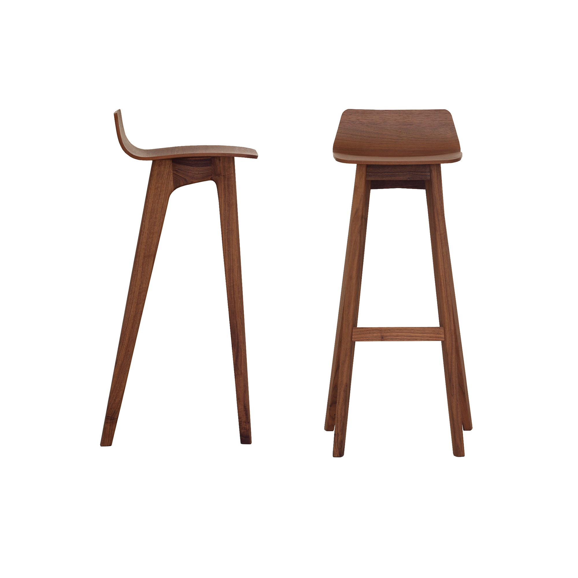 Zwei Morph Barhocker aus amerikanischem Nussbaum, Sitzhöhe 65 cm, für Esszimmer und Bar.