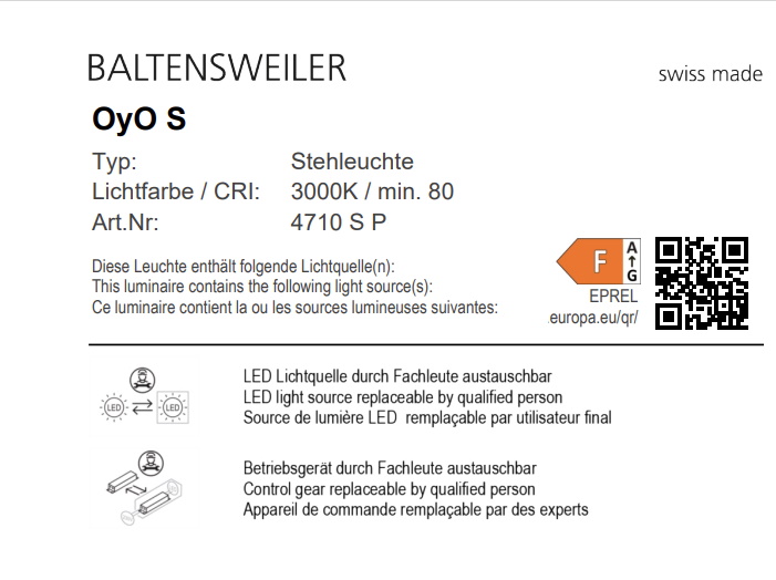Produktinformationen zur OyO S Stehleuchte von Baltensweiler, Details zu Lichtfarbe und Austauschbarkeit.