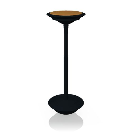 Wilkhahn Stitz Stehhilfe mit schwarzem Gestell und braunem Sitzbezug für ergonomisches Sitzen.
