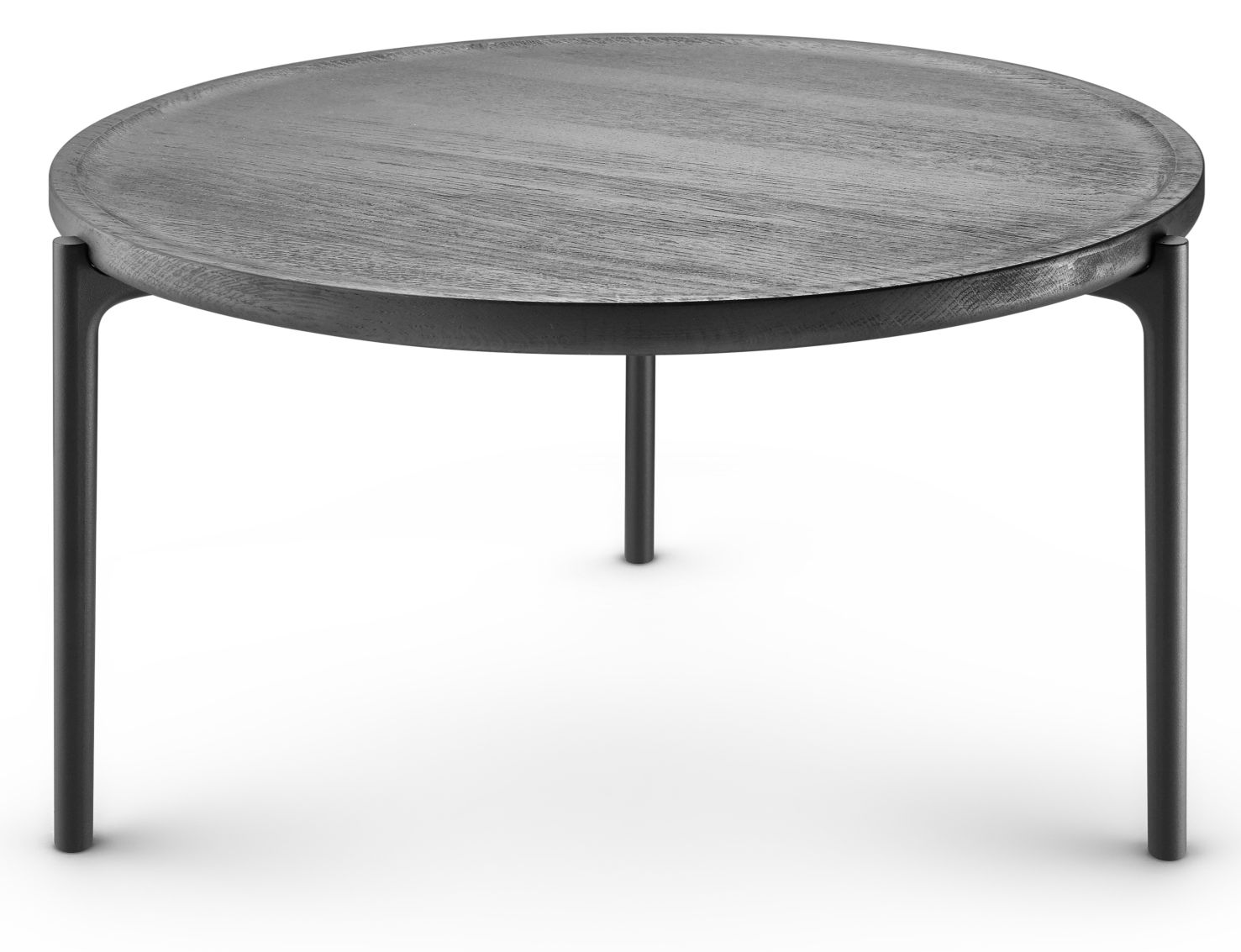 Savoye Tisch: Runder Beistelltisch mit schwarzem Eichenholz und filigranem, schwarzem Metallgestell.