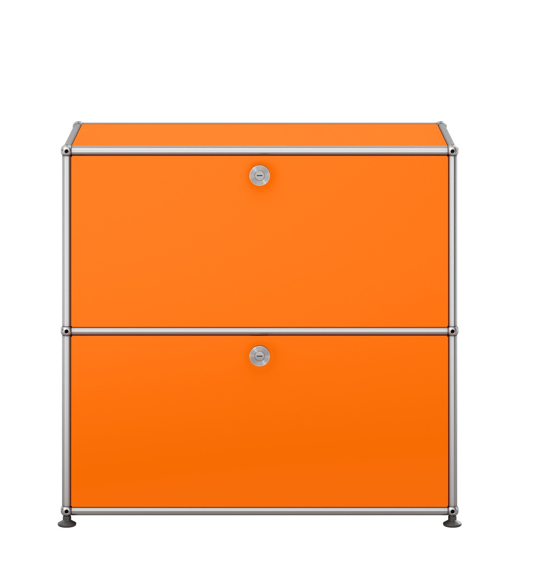 USM Haller Sideboard in Reinorange, kleines Designmöbel mit zwei abschließbaren Fächern und verchromtem Gestell.