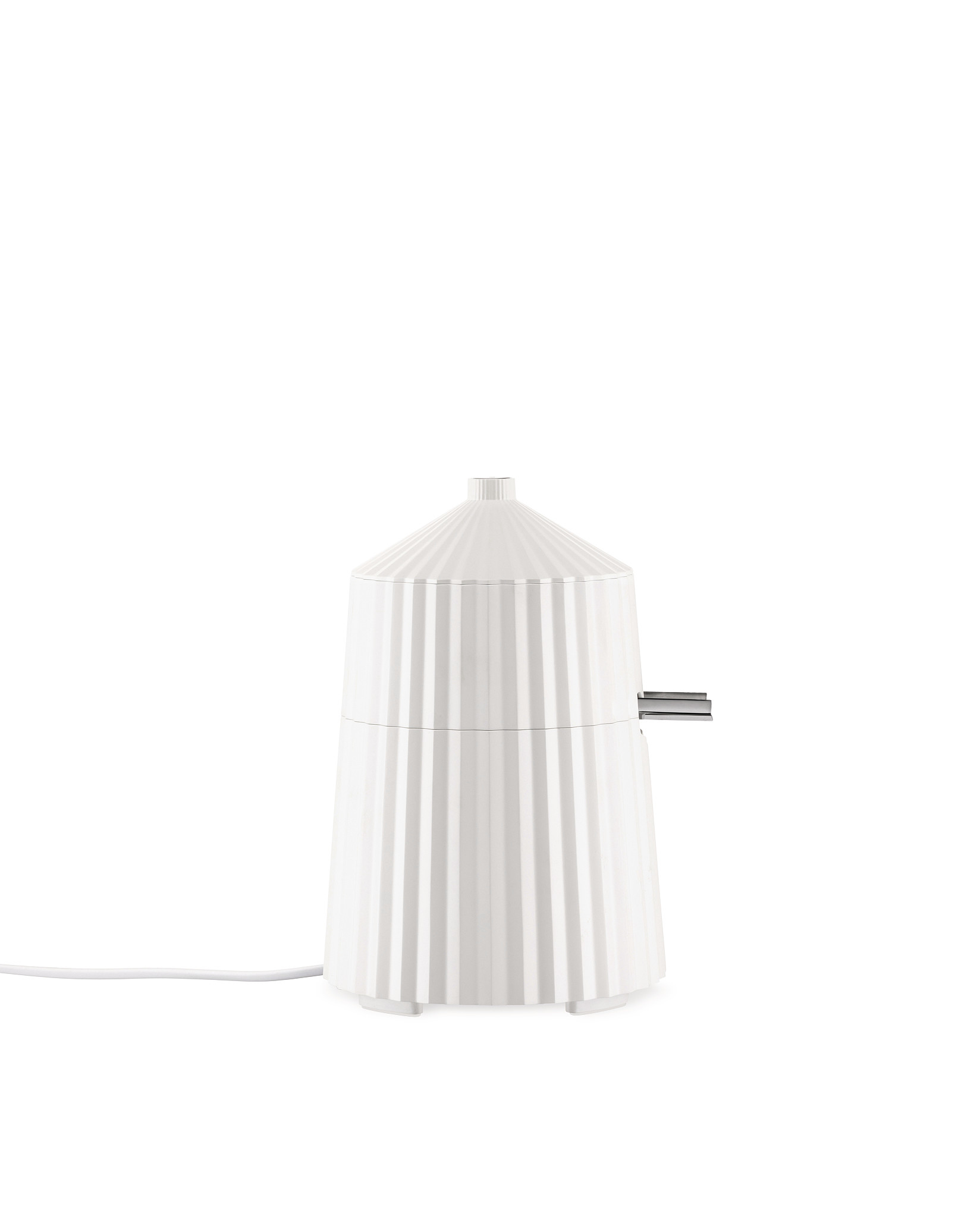 Weiße Alessi Plissé elektrische Zitronenpresse MDL07 W, modernes Design für frischen Saft.