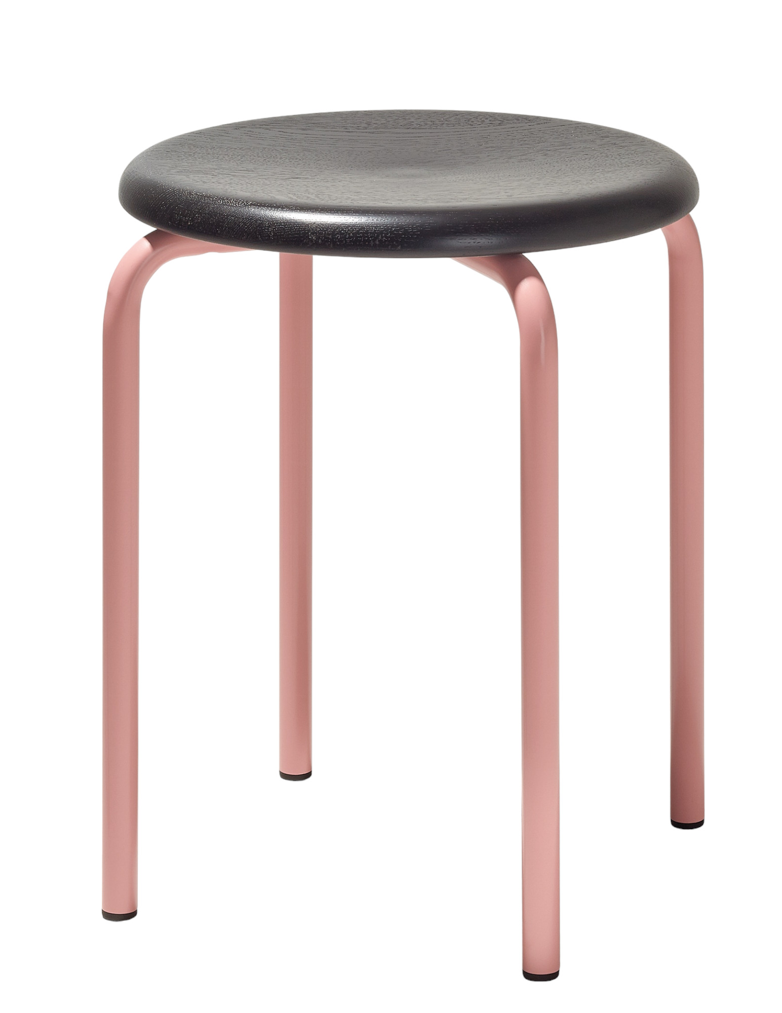 Tom Stapelhocker von Richard Lampert mit schwarzer Sitzfläche und rosafarbenem Stahlgestell, freigestellt.