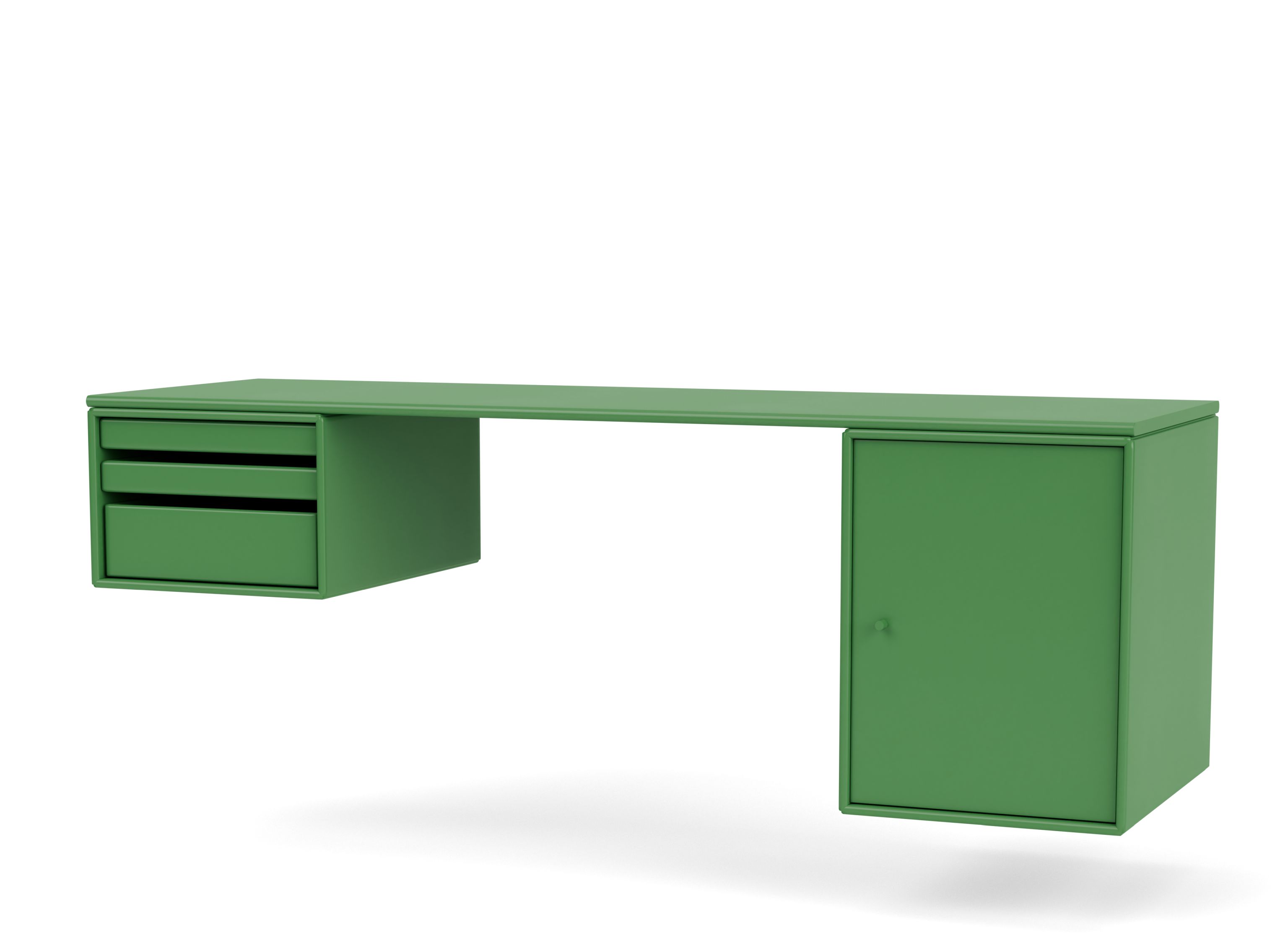 WORKSHOP Schreibtisch Parsley Montana: Moderner, grüner Bürotisch mit Schubladen und Schrank für Arbeitszimmer.