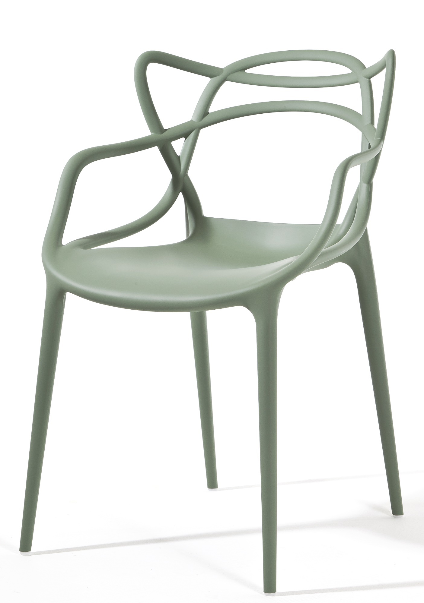 Salbeigrüner Masters Stuhl von Kartell mit Armlehnen und filigraner Rückenlehne, moderner Designstuhl.