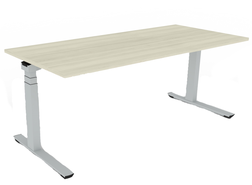 Palmberg Crew Schreibtisch, höhenverstellbar, mit hellem Holzdekor und silberfarbenem Gestell für ergonomisches Arbeiten.