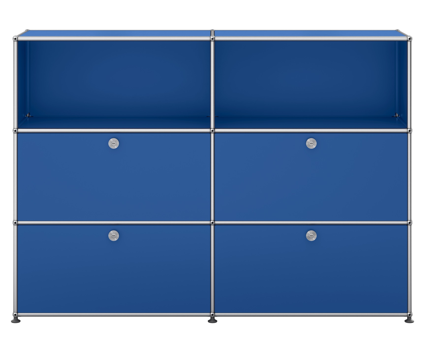 USM Haller Sideboard in Enzianblau mit vier Klappen, modernes modulares Designmöbel für Wohnzimmer und Büro.