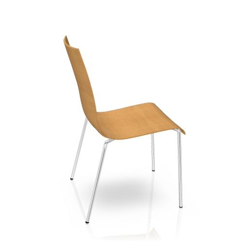 Fina Schalenstuhl von Brunner, stapelbarer Stuhl mit Holzschale und verchromtem Stahlgestell, Seitenansicht.