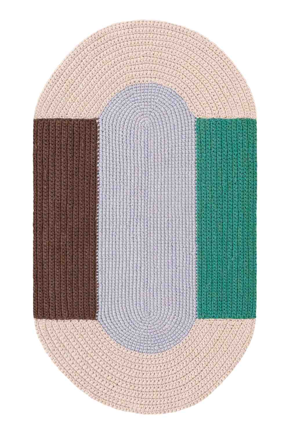 The Crochet Collection Teppich, 180x100 cm, Gan Blau, gehäkelt, mit braunen, blauen und grünen Farbakzenten.