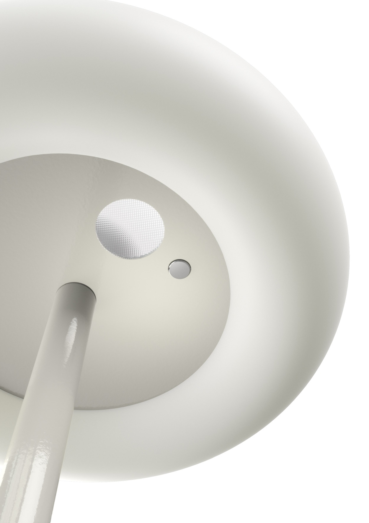 Detailaufnahme der Belux Oto Stehleuchte in Hellgrau, mit runder Form und warmweißem Licht.