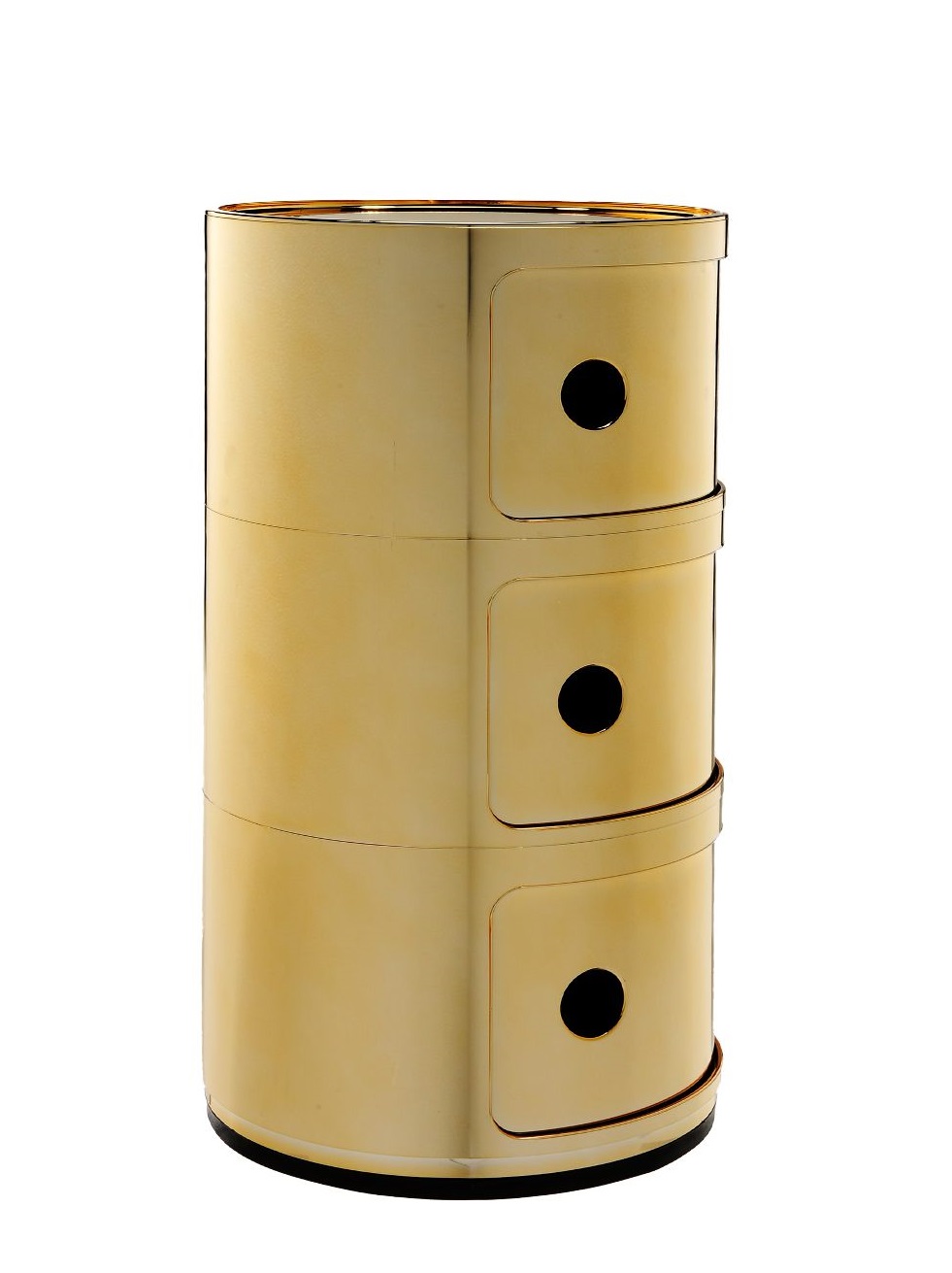 Goldener Kartell Componibili 3er Element Nachttisch aus Metall, modernes Aufbewahrungsmöbel für Schlafzimmer und Wohnzimmer.