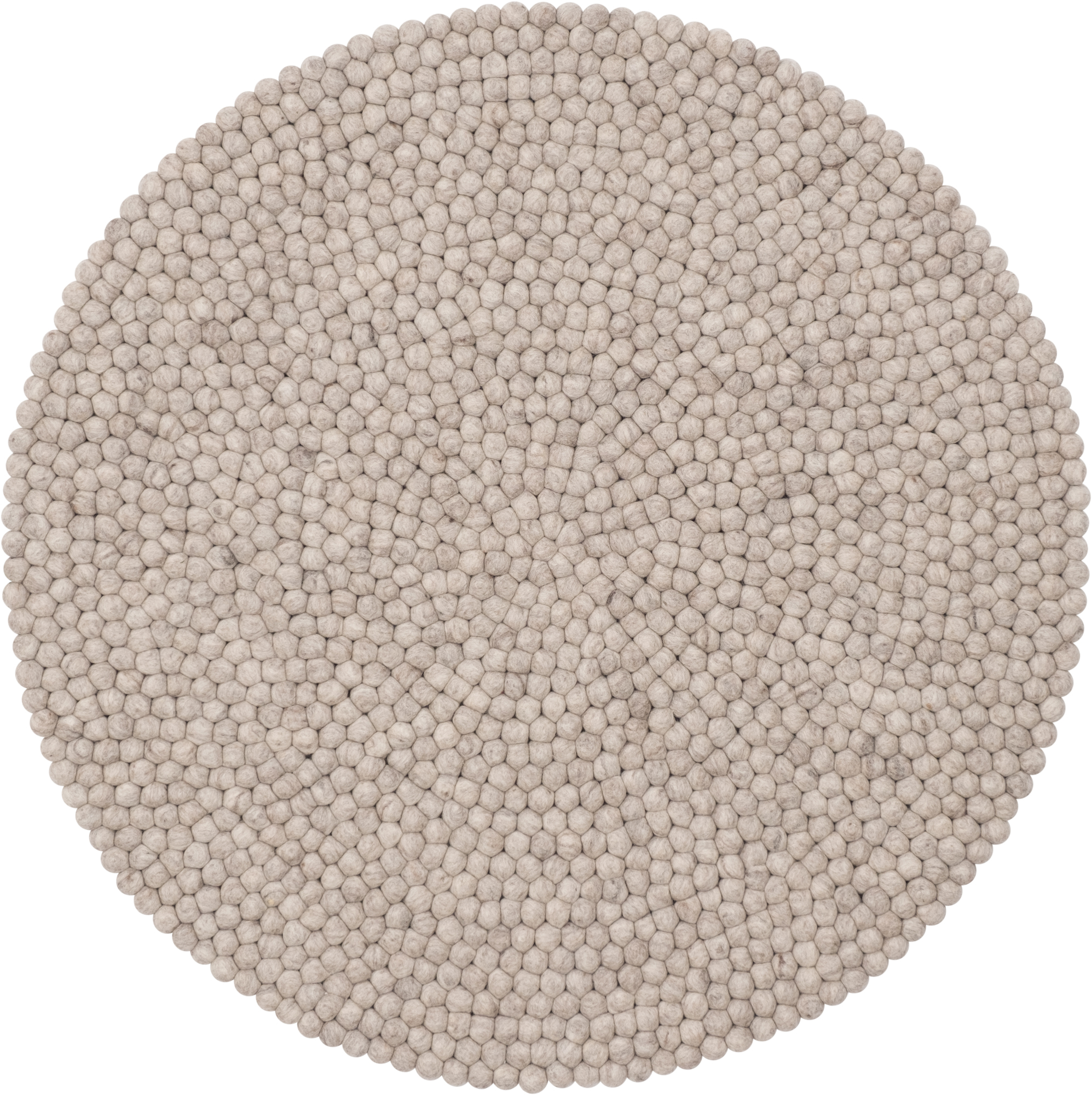 Runder, beiger Filzkugel Teppich (myfelt Bela) mit 140 cm Durchmesser. Handgefertigter Wollteppich.