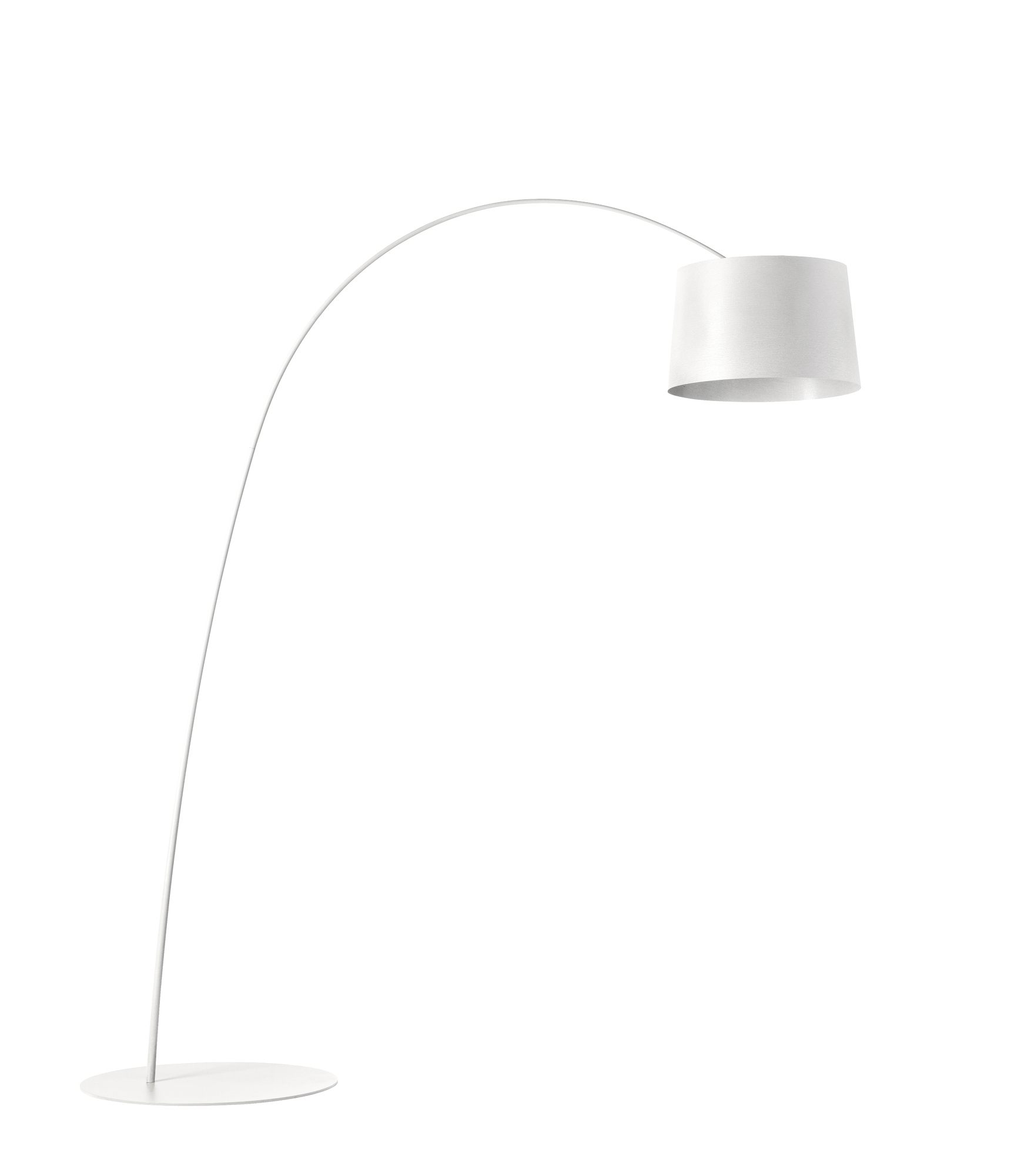 Weiße Twiggy Stehleuchte von Foscarini mit geschwungenem Lampenfuß und zylindrischem Lampenschirm für Wohnzimmer und Büro.