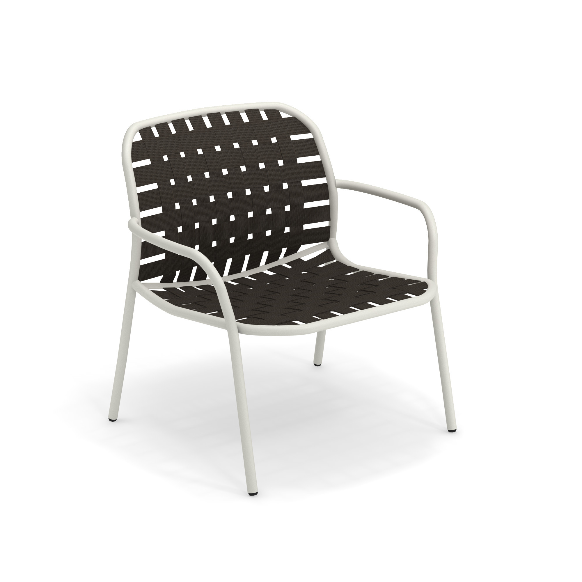 Yard Lounge Chair Sessel von Emu, mattweißes Gestell mit brauner Sitzfläche aus Textilbändern.