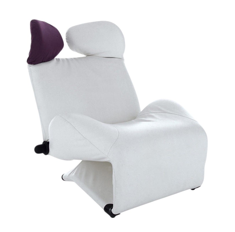 Weißer Cassina Wink Sessel mit verstellbarer Kopfstütze und lila Nackenrolle, moderner Design Sessel.