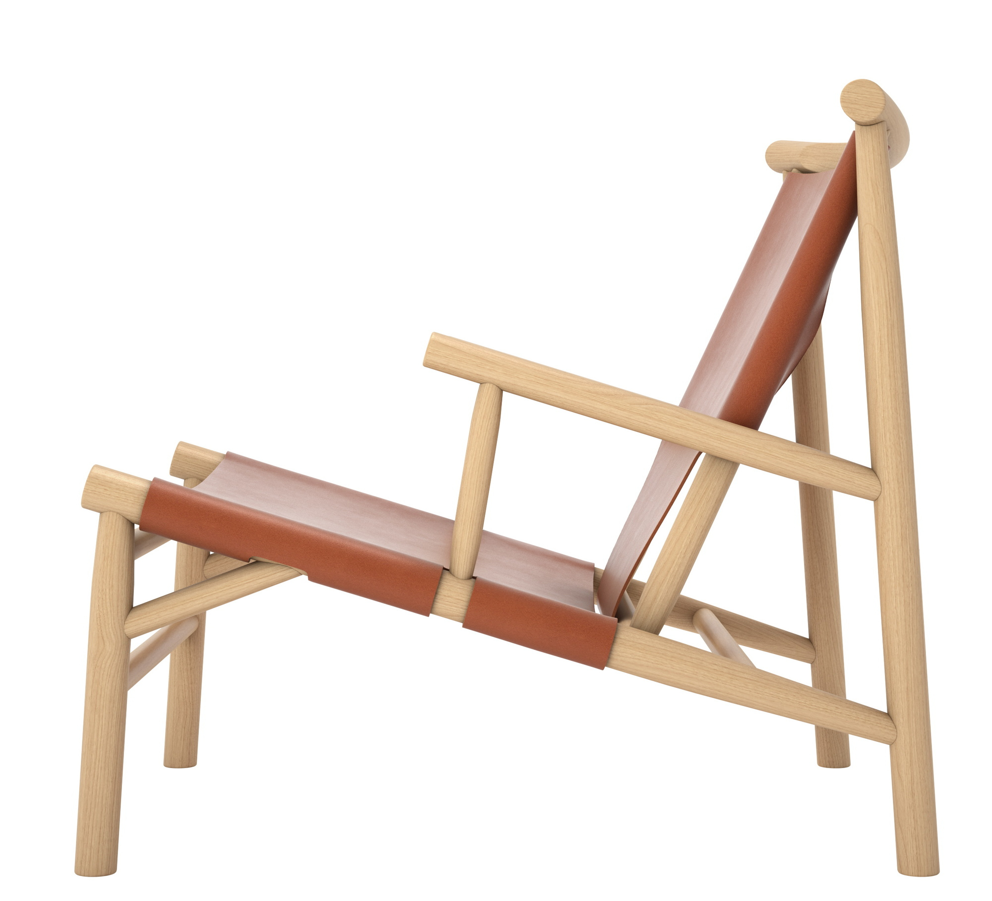 Samurai Chair Sessel mit Cognac Lederbezug und hellem Holzgestell, Seitenansicht.