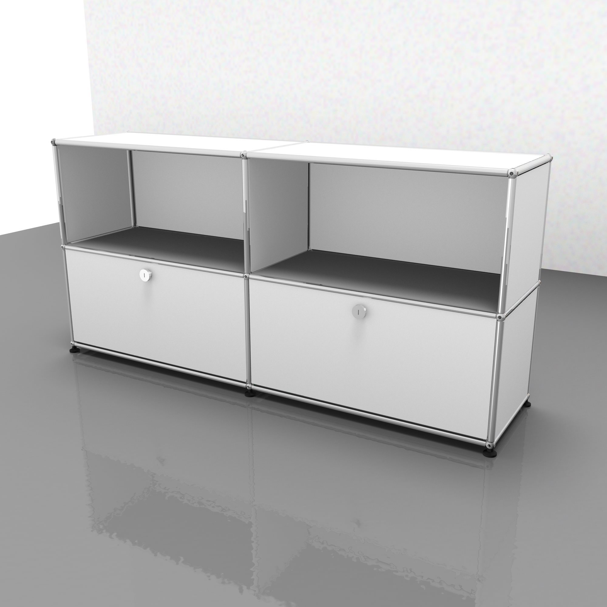 USM Haller Sideboard mit Schubladen in Reinweiß, modernes Designmöbel für Wohnzimmer und Büro.