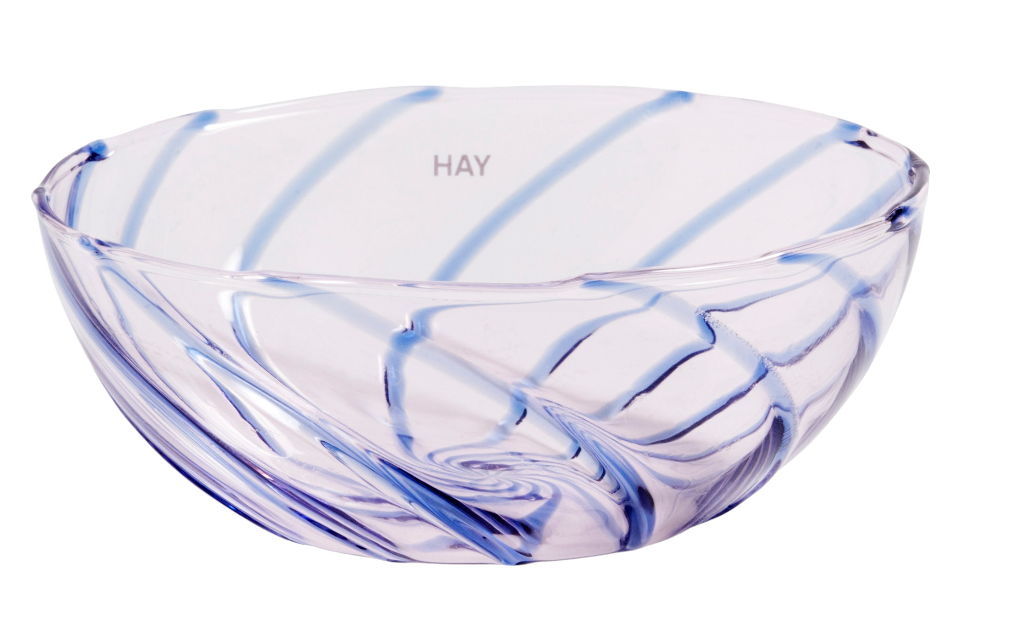 HAY Spin Bowl Schüssel, hellrosa Glas mit blauen Streifen, dekorative Salatschüssel oder Obstschale.