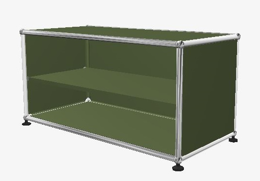 USM Haller Regal mit zwei olivgrünen Fächern und silbernem Rahmen, ideal als Ersatzteil oder zur Erweiterung.